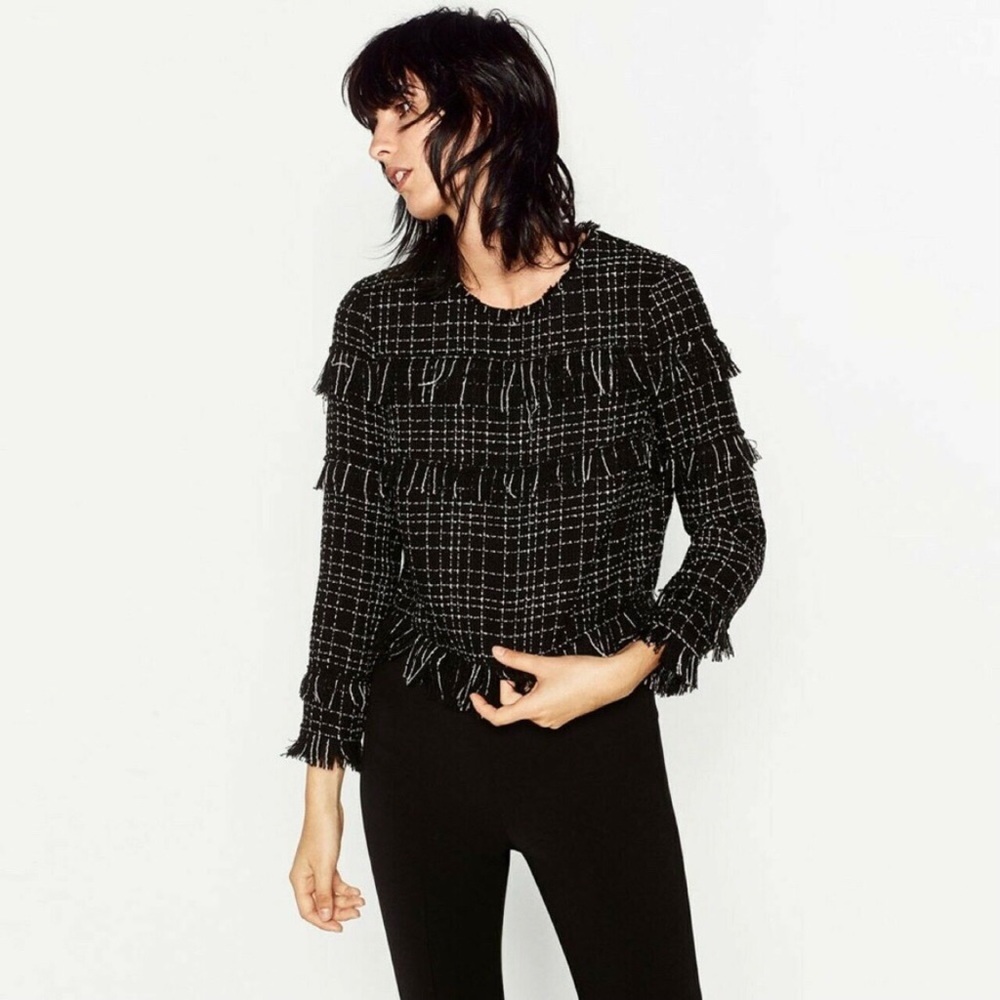 Zara black and white tweed like top